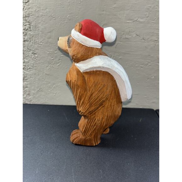 Wood Santa Bear Sculpture in Santa Hat w/ Sack Holiday Decor - Picture 3 of 5
